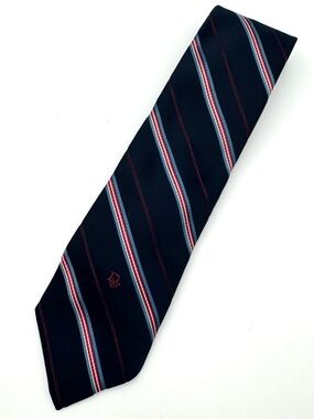 VTG Christian Dior Embroidered Logo Striped Blue Red Poly Silk Blend Necktie